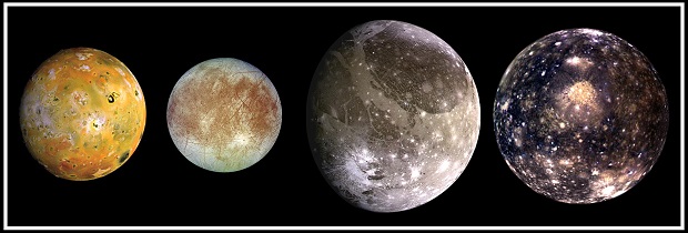 The four largest moons of Jupiter which are known as the Galilean satellites. Shown from left to right are Io, closest to Jupiter, followed by Europa, Ganymede, and Callisto