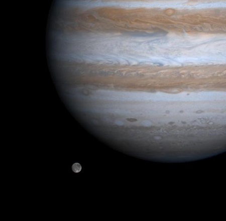 Jupiter's largest moon Ganymede in relation to Jupiter