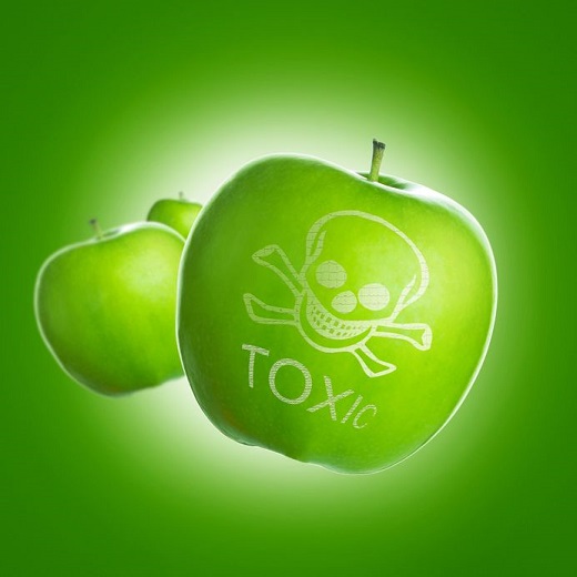 food contamination concept using green apple with skull and image